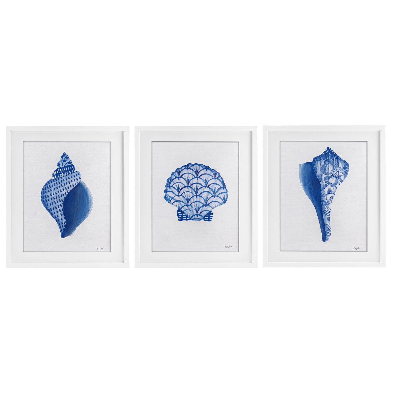 Stupell Industries Blue Chinoiserie Seashells 3pc Framed Print Under Glass Set, design by Courtney Prahl
